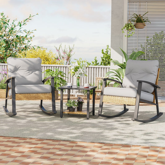 Livoosun 3 Piece Patio Rocking Bistro Set, Outdoor Porch Furniture Patio Chairs Set of 2 with Side Table for Backyard