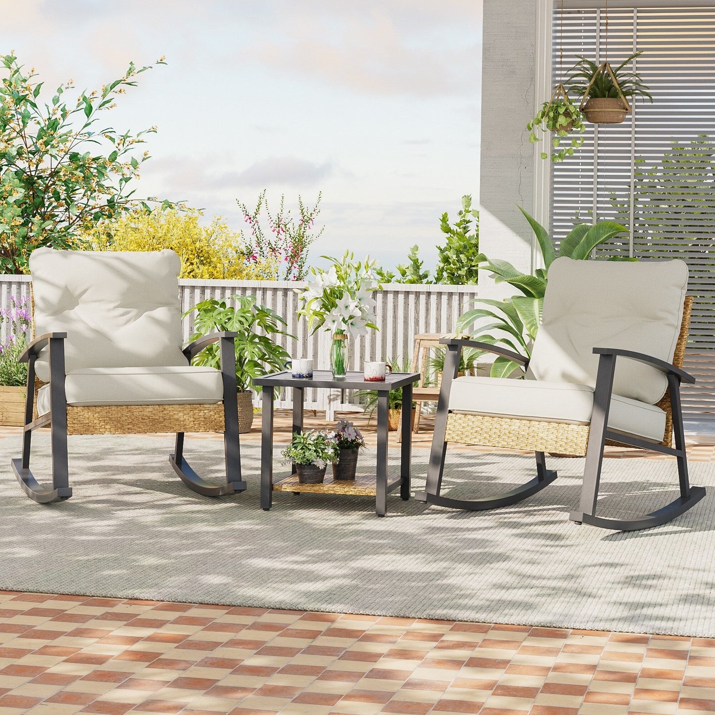 Livoosun 3 Piece Patio Rocking Bistro Set, Outdoor Porch Furniture Patio Chairs Set of 2 with Side Table for Backyard