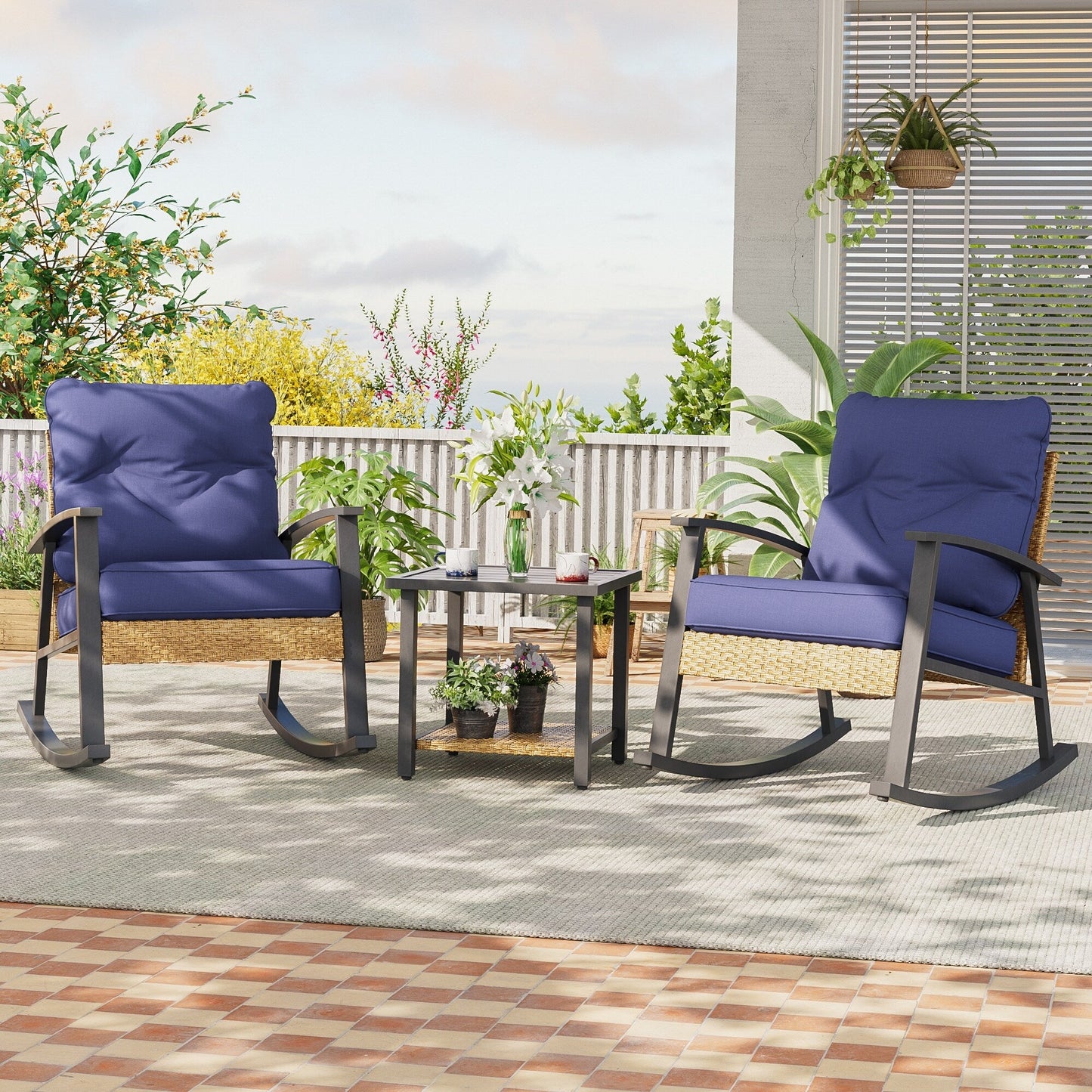 Livoosun 3 Piece Patio Rocking Bistro Set, Outdoor Porch Furniture Patio Chairs Set of 2 with Side Table for Backyard