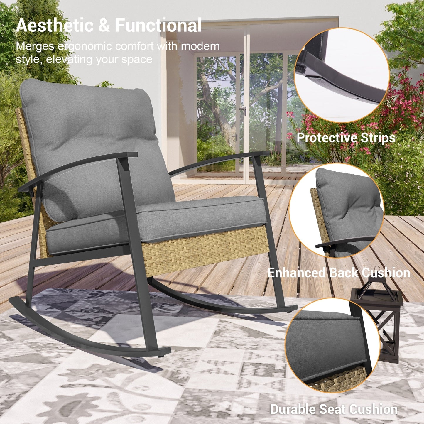 Livoosun 3 Piece Patio Rocking Bistro Set, Outdoor Porch Furniture Patio Chairs Set of 2 with Side Table for Backyard