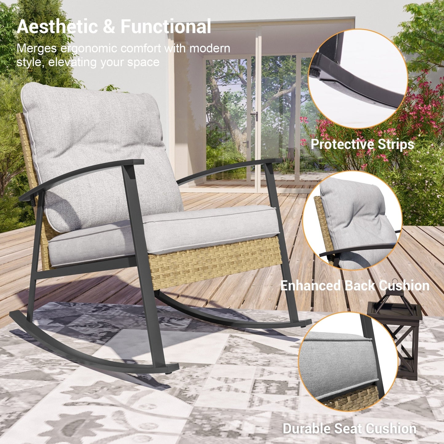 Livoosun 3 Piece Patio Rocking Bistro Set, Outdoor Porch Furniture Patio Chairs Set of 2 with Side Table for Backyard