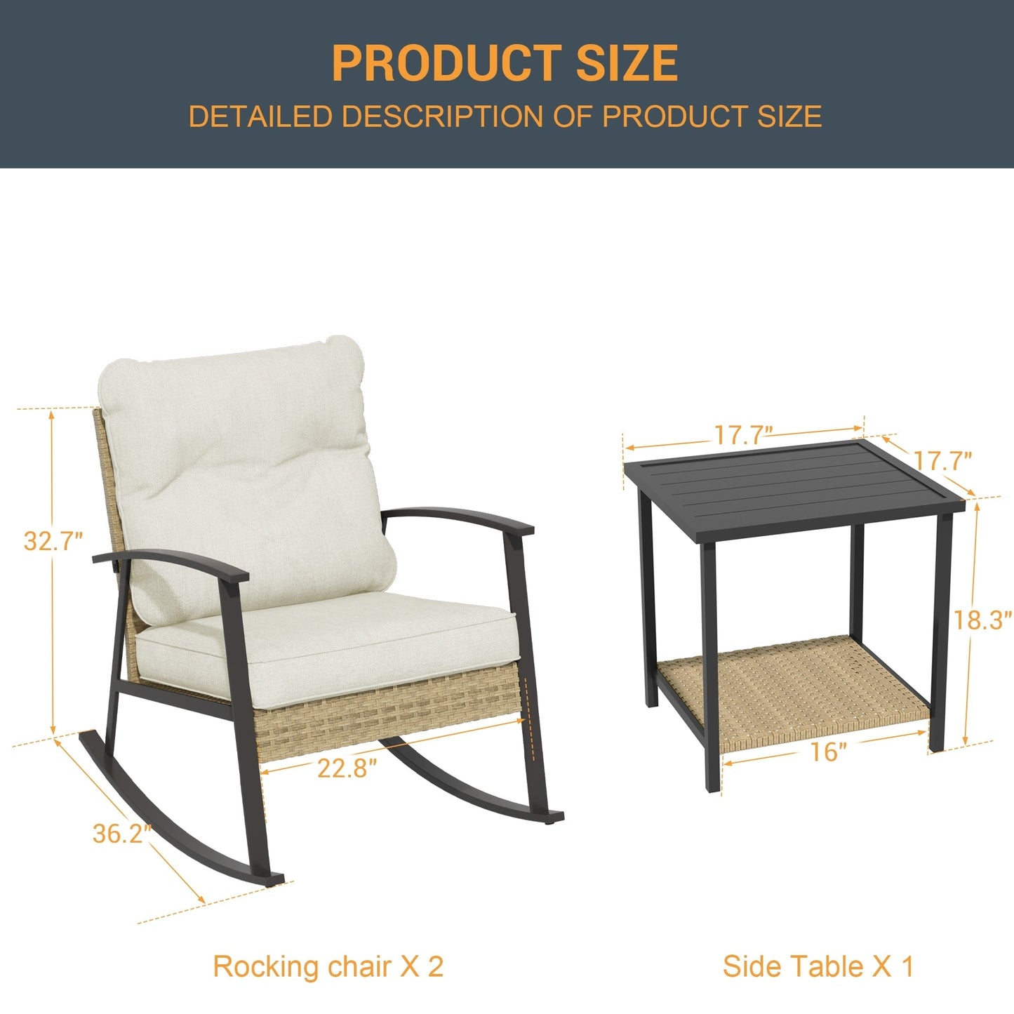 Livoosun 3 Piece Patio Rocking Bistro Set, Outdoor Porch Furniture Patio Chairs Set of 2 with Side Table for Backyard