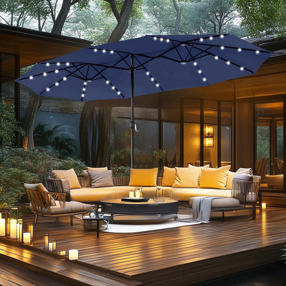 MAISON ARTS 15-foot Rectangular Crank Double-sided Outdoor Market Umbrella Solar LED Lighted Patio Umbrella with Base Included