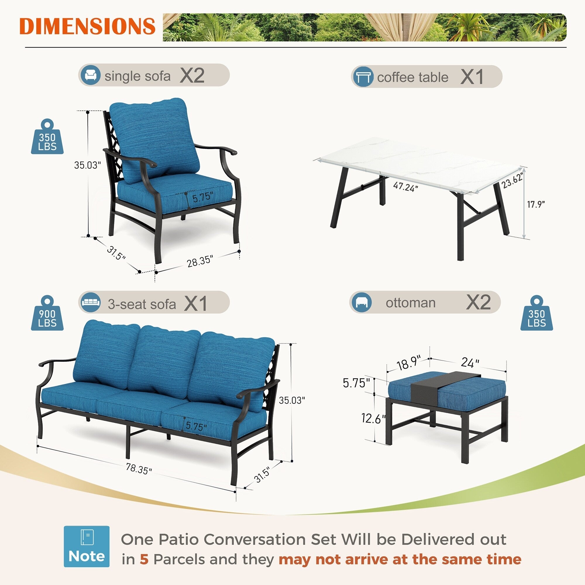 MAISON ARTS 6/7-Piece Patio Conversation Sets, Sofa Set with 2/4 x Single Chairs, 1 x 3-seater Sofa and Coffee Table/Ottomans
