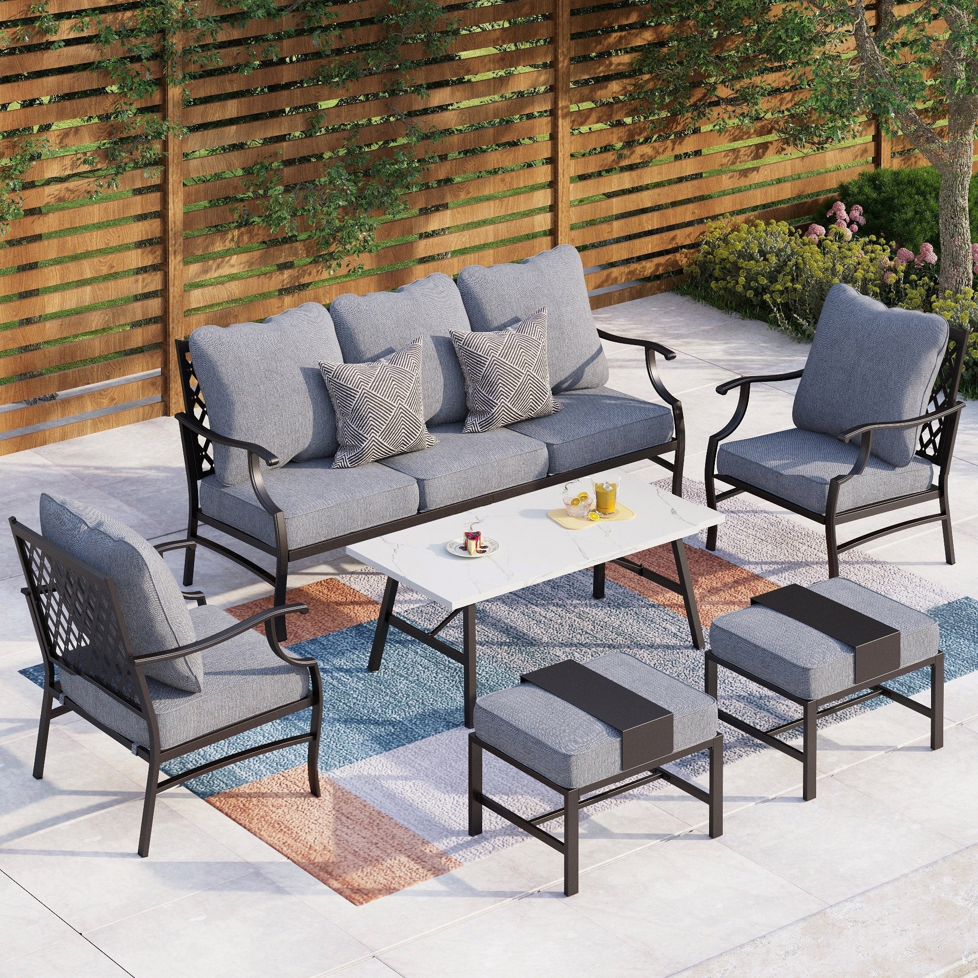 MAISON ARTS 6/7-Piece Patio Conversation Sets, Sofa Set with 2/4 x Single Chairs, 1 x 3-seater Sofa and Coffee Table/Ottomans