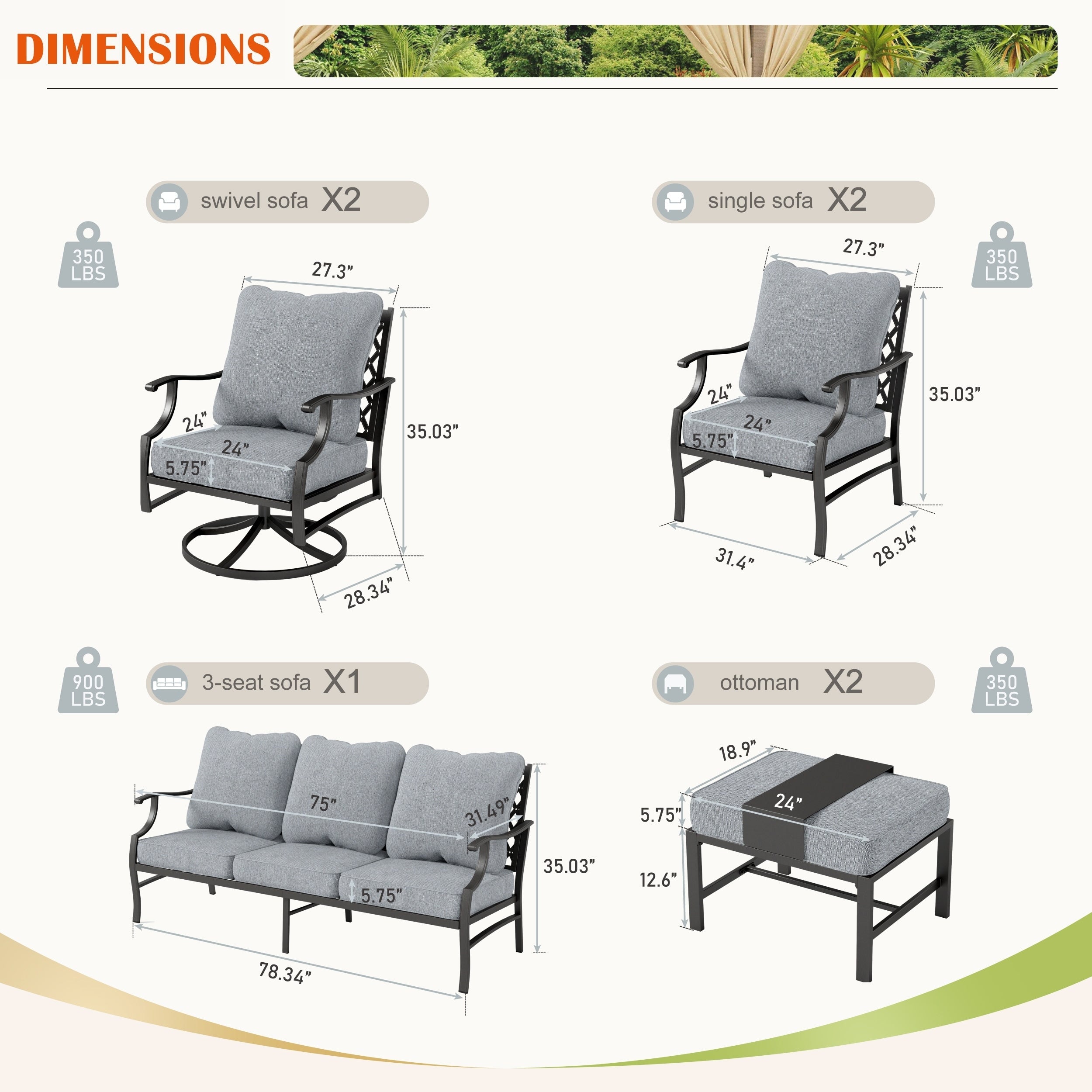 MAISON ARTS 6/7-Piece Patio Conversation Sets, Sofa Set with 2/4 x Single Chairs, 1 x 3-seater Sofa and Coffee Table/Ottomans