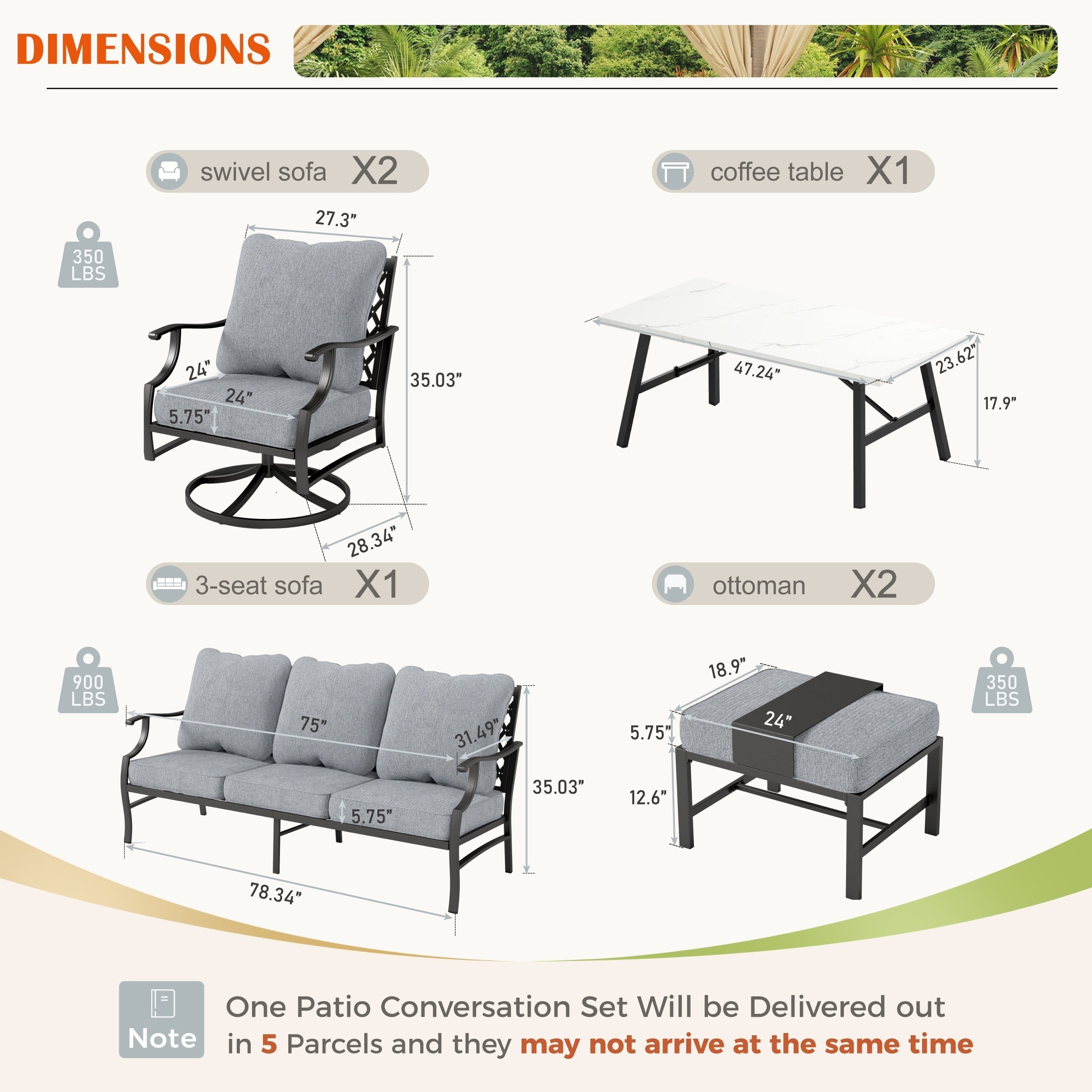 MAISON ARTS 6/7-Piece Patio Conversation Sets, Sofa Set with 2/4 x Single Chairs, 1 x 3-seater Sofa and Coffee Table/Ottomans