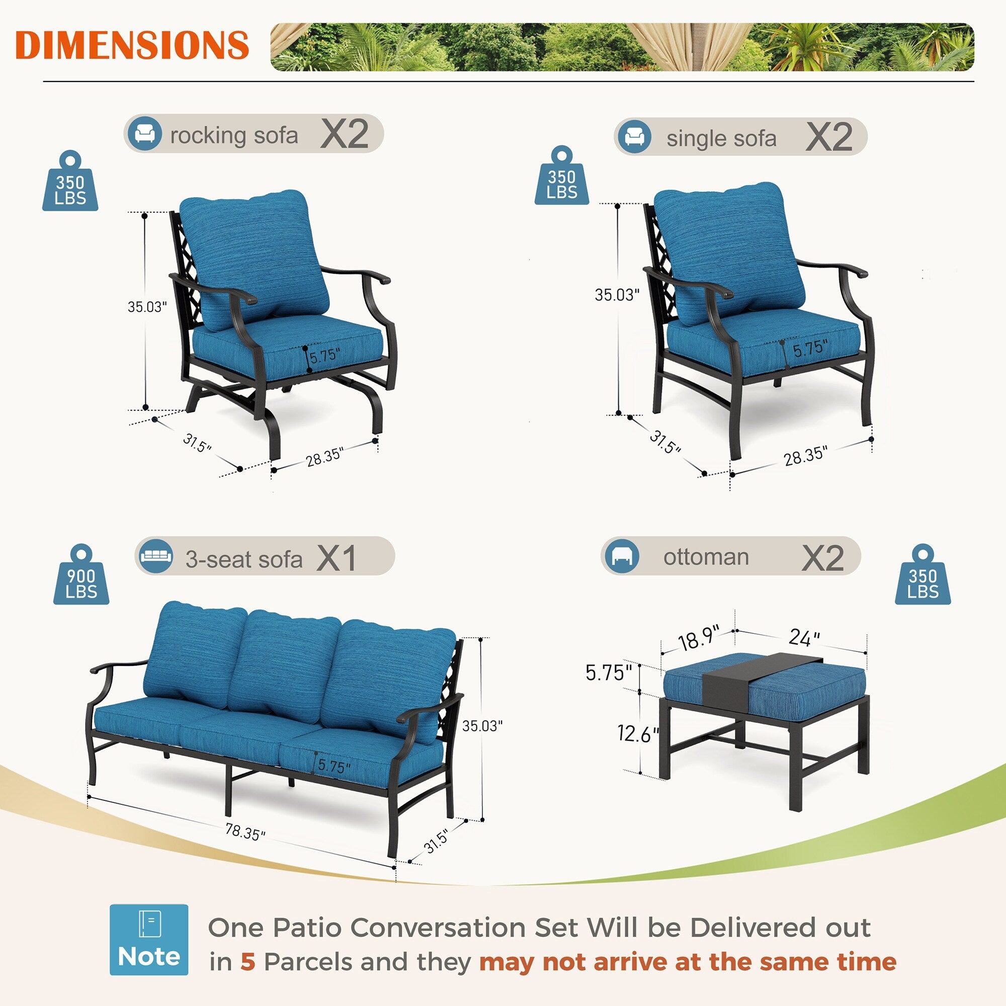 MAISON ARTS 6/7-Piece Patio Conversation Sets, Sofa Set with 2/4 x Single Chairs, 1 x 3-seater Sofa and Coffee Table/Ottomans