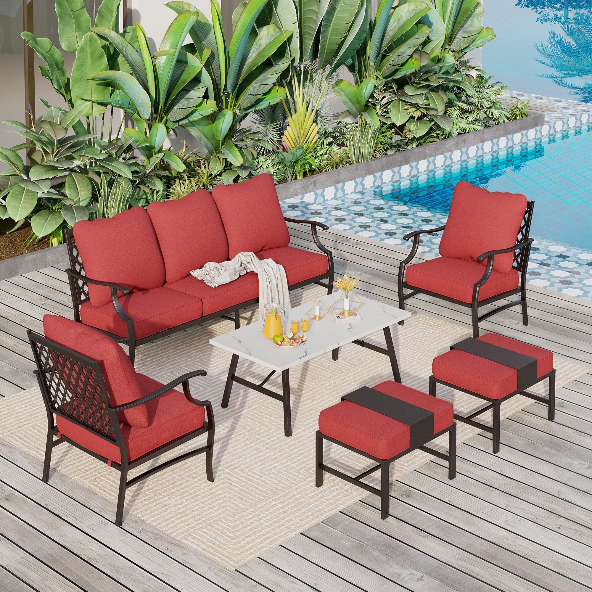 MAISON ARTS 6/7-Piece Patio Conversation Sets, Sofa Set with 2/4 x Single Chairs, 1 x 3-seater Sofa and Coffee Table/Ottomans