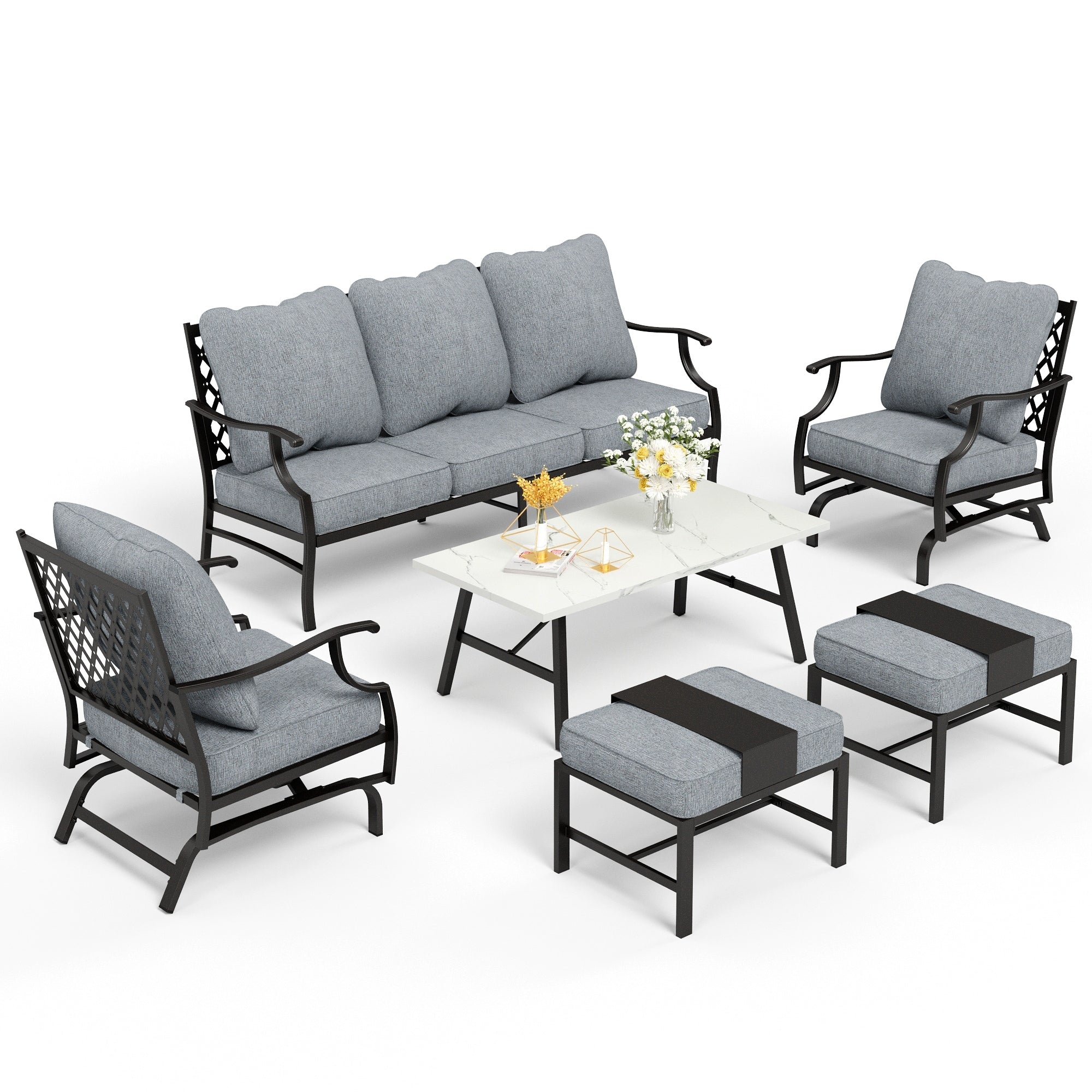 MAISON ARTS 6/7-Piece Patio Conversation Sets, Sofa Set with 2/4 x Single Chairs, 1 x 3-seater Sofa and Coffee Table/Ottomans