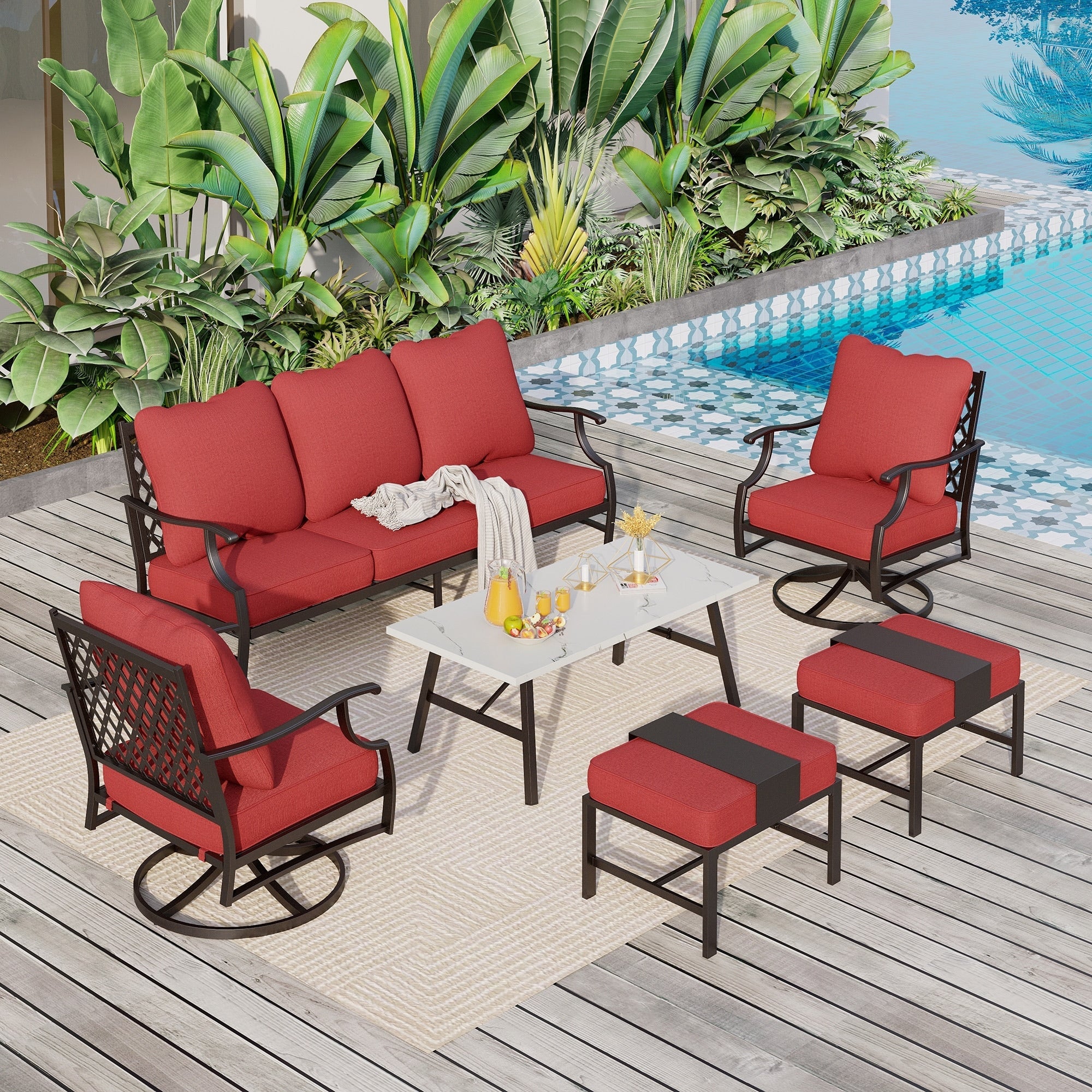 MAISON ARTS 6/7-Piece Patio Conversation Sets, Sofa Set with 2/4 x Single Chairs, 1 x 3-seater Sofa and Coffee Table/Ottomans