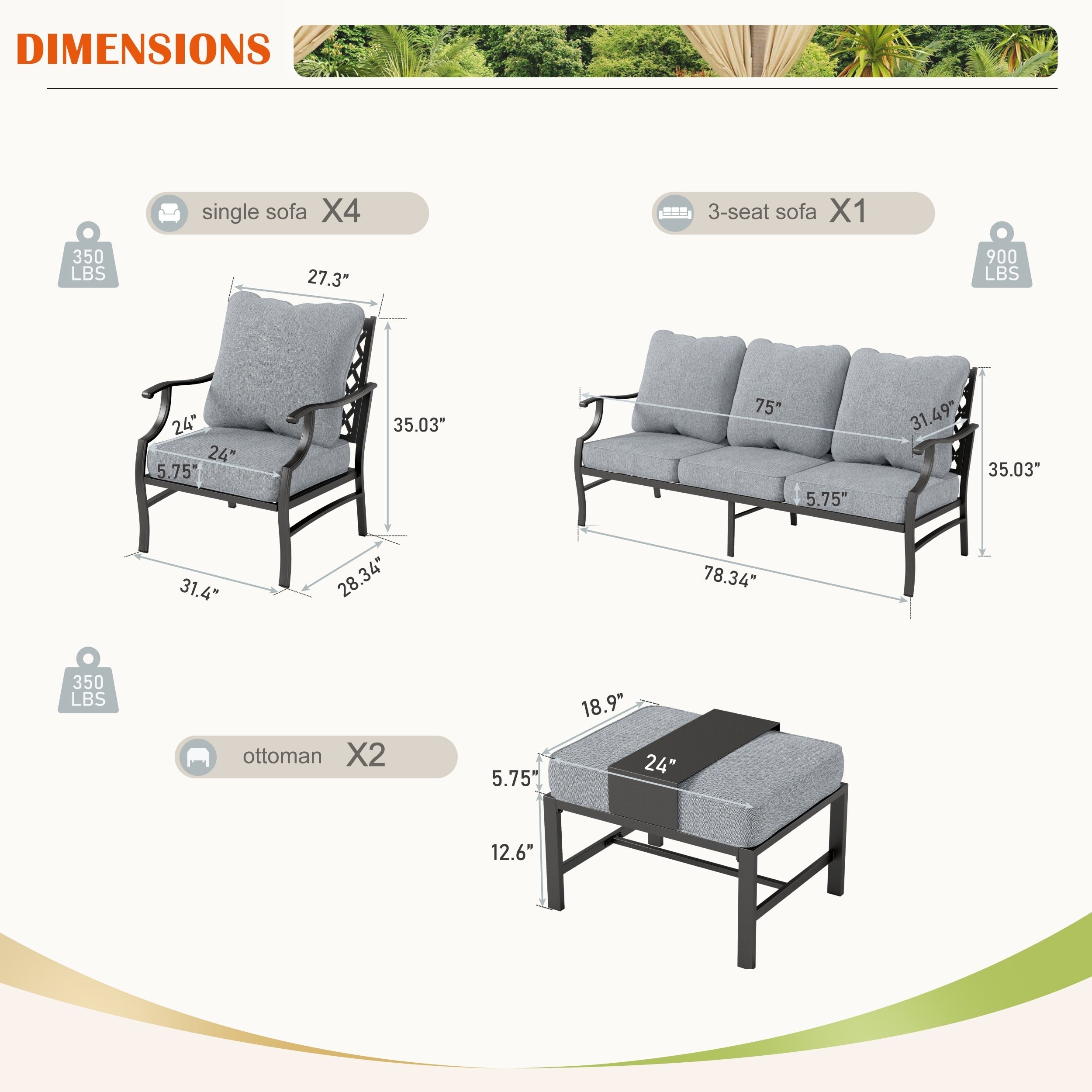 MAISON ARTS 6/7-Piece Patio Conversation Sets, Sofa Set with 2/4 x Single Chairs, 1 x 3-seater Sofa and Coffee Table/Ottomans