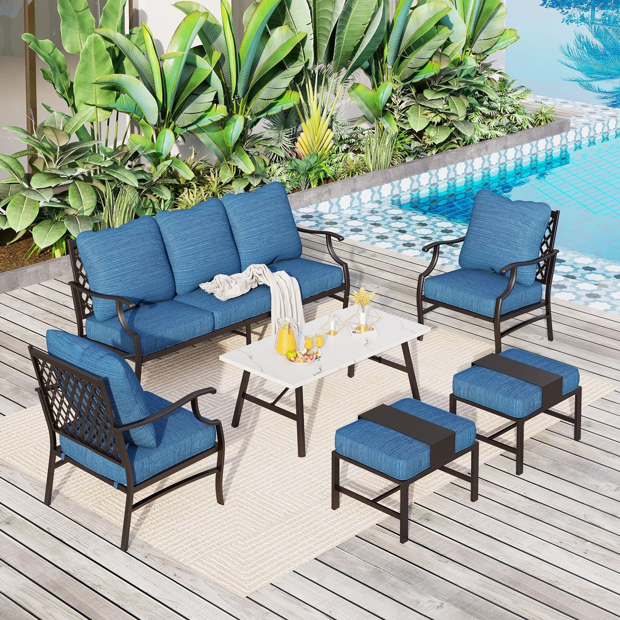 MAISON ARTS 6/7-Piece Patio Conversation Sets, Sofa Set with 2/4 x Single Chairs, 1 x 3-seater Sofa and Coffee Table/Ottomans