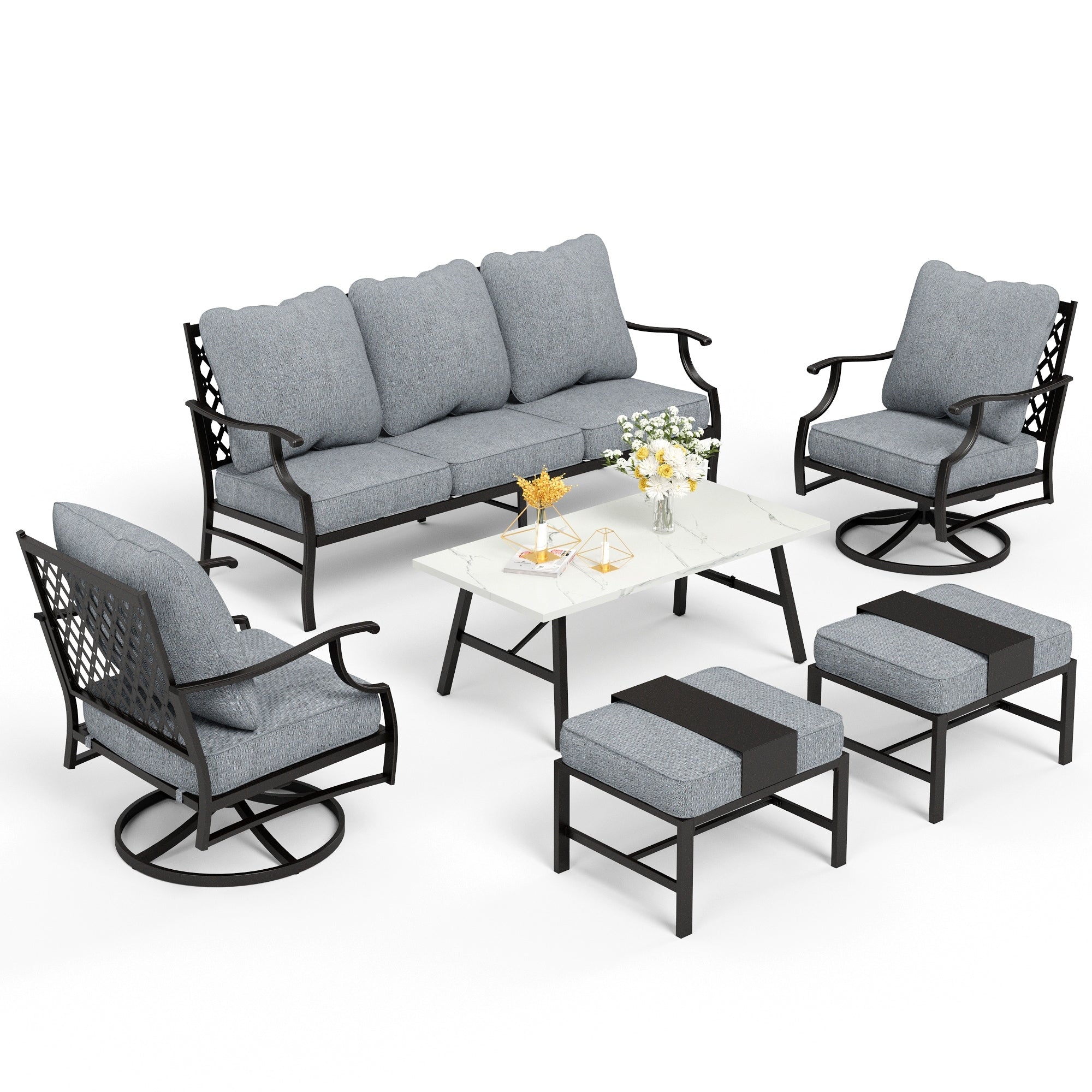 MAISON ARTS 6/7-Piece Patio Conversation Sets, Sofa Set with 2/4 x Single Chairs, 1 x 3-seater Sofa and Coffee Table/Ottomans