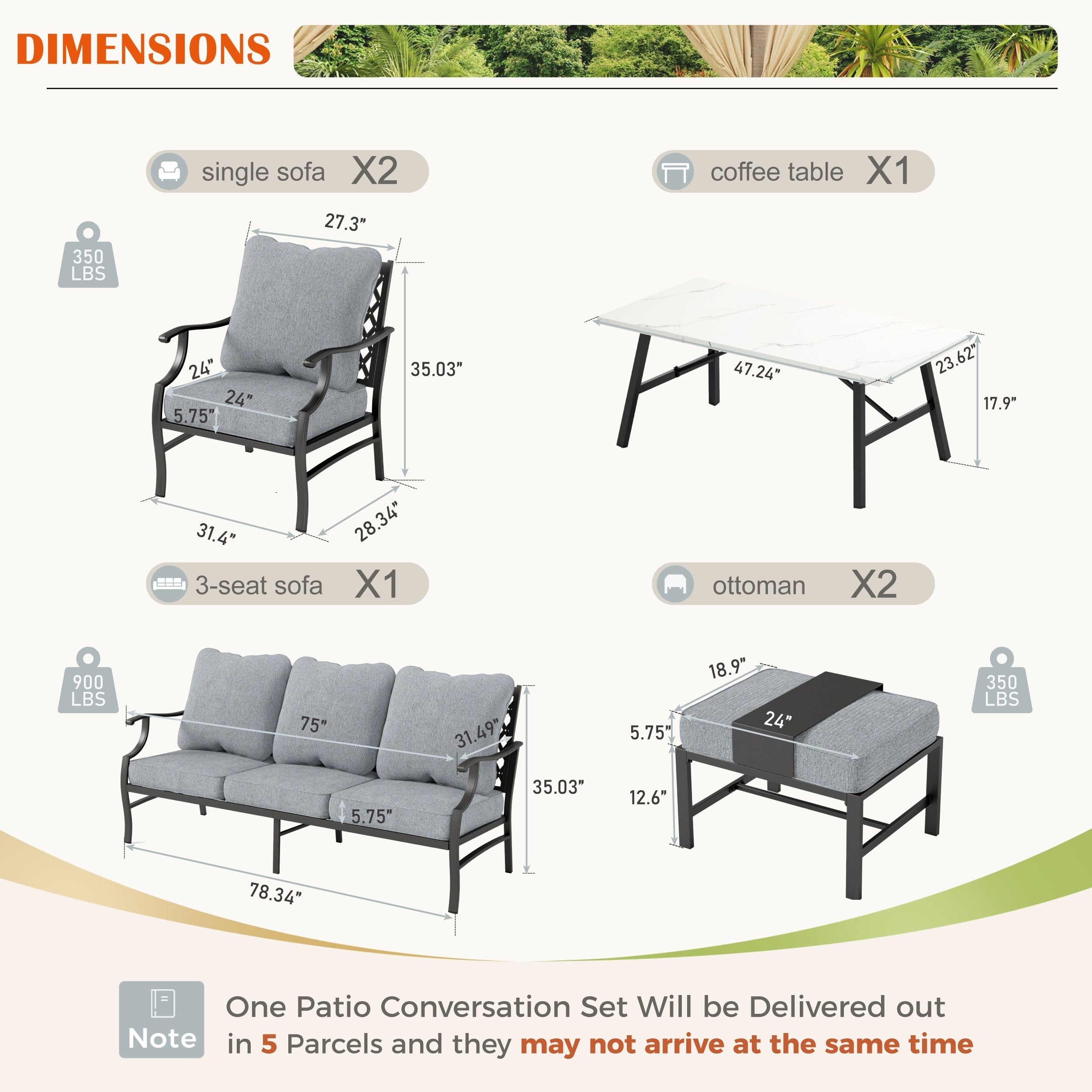 MAISON ARTS 6/7-Piece Patio Conversation Sets, Sofa Set with 2/4 x Single Chairs, 1 x 3-seater Sofa and Coffee Table/Ottomans