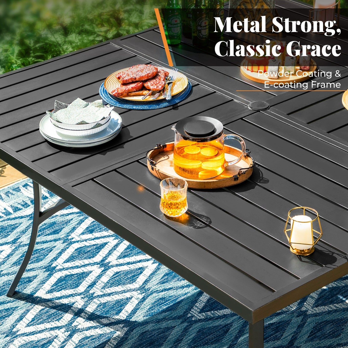 MAISON ARTS 9 Pieces Outdoor Dining Table Set for 8,60 Square Metal Dining Table & Steel Dining Chairs with Cushion