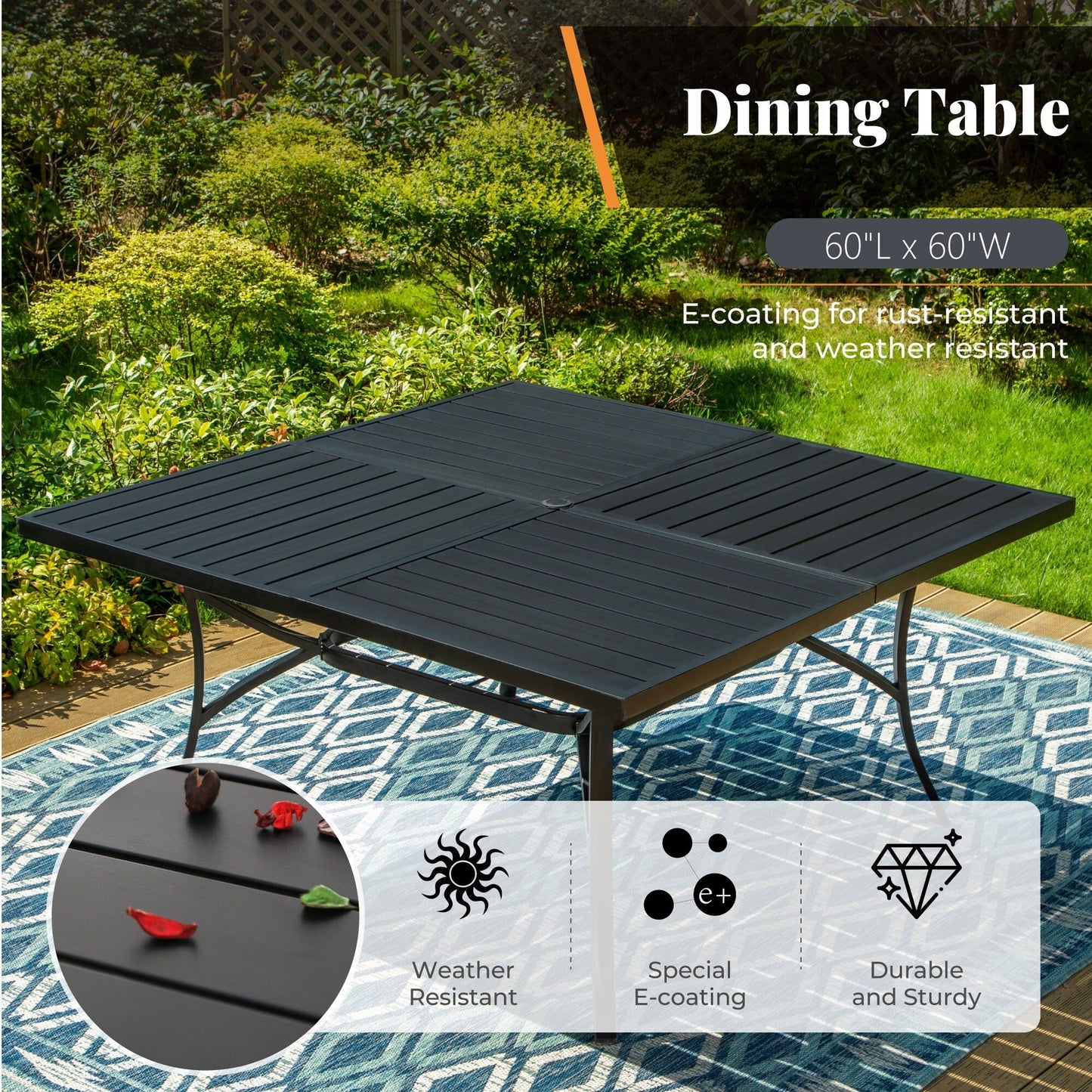 MAISON ARTS 9 Pieces Outdoor Dining Table Set for 8,60 Square Metal Dining Table & Steel Dining Chairs with Cushion