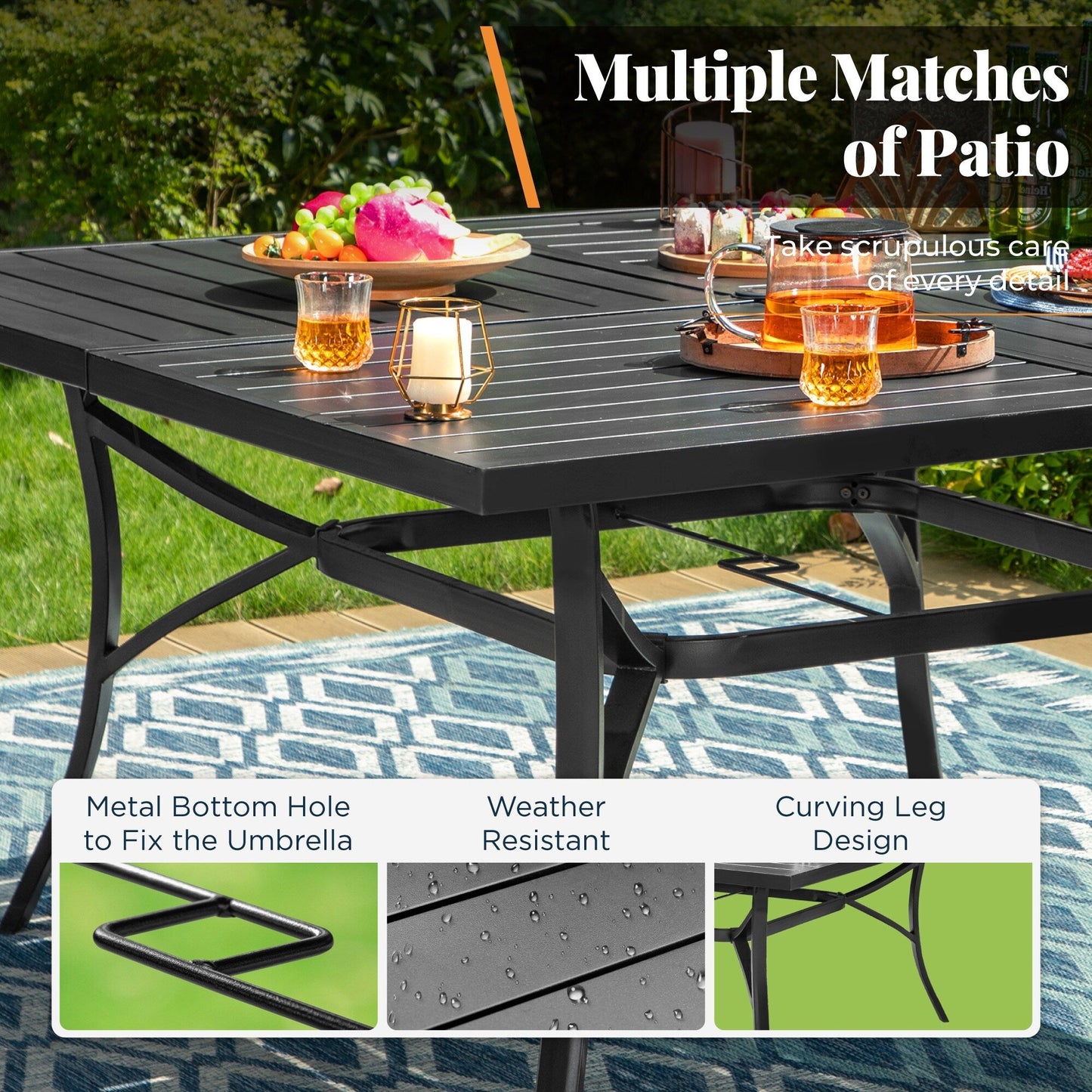 MAISON ARTS 9 Pieces Outdoor Dining Table Set for 8,60 Square Metal Dining Table & Steel Dining Chairs with Cushion