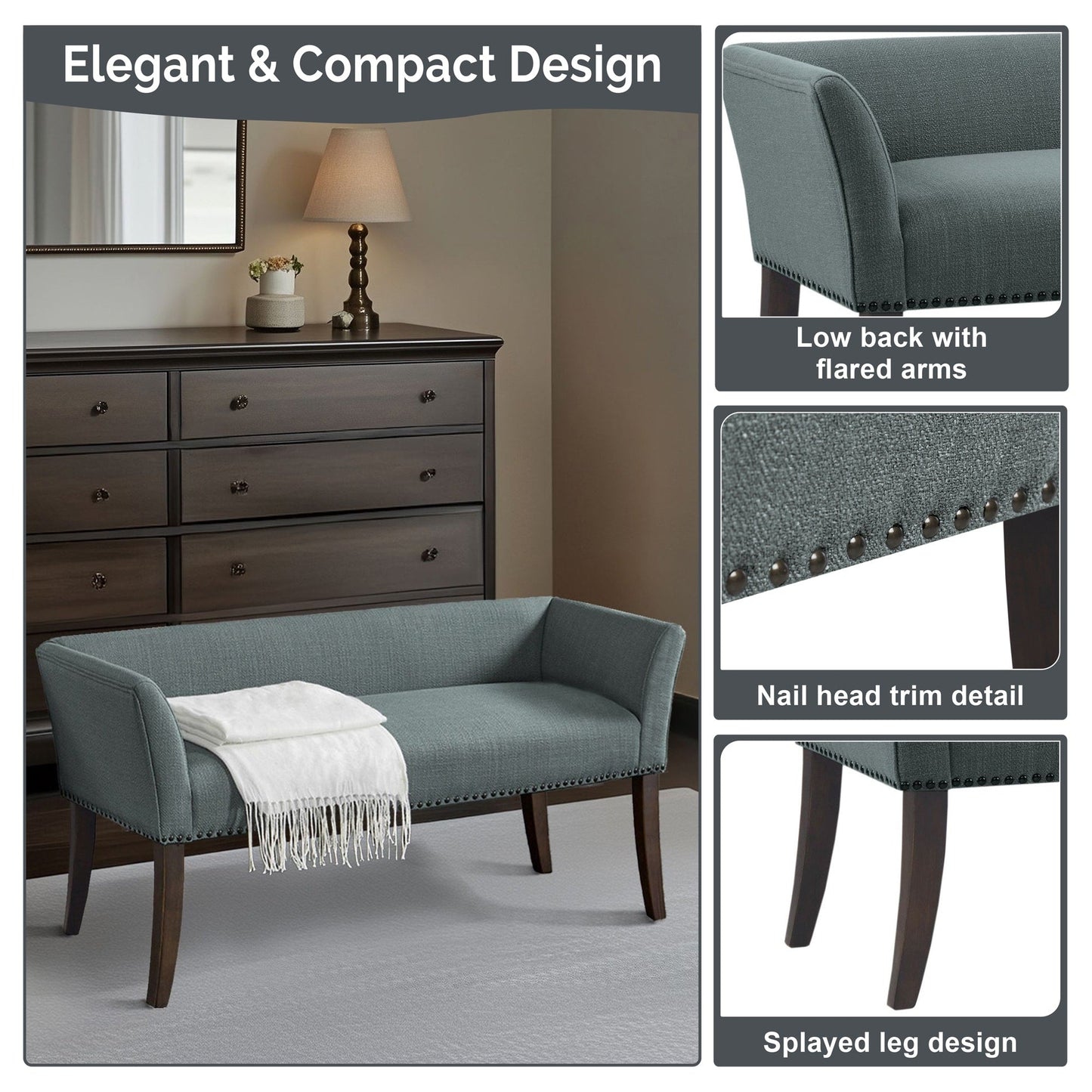 Madison Park Welburn 49.5 Upholstered Bench with Back & Wood Legs