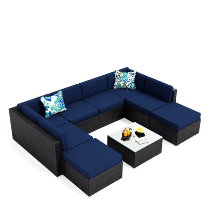 9-Piece Rattan Wicker Cushioned Patio Furniture Sectional Sofa Set - 9-Pieces Sets