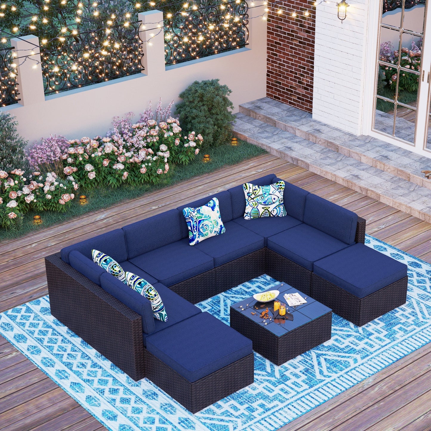 9-Piece Rattan Wicker Cushioned Patio Furniture Sectional Sofa Set - 9-Pieces Sets