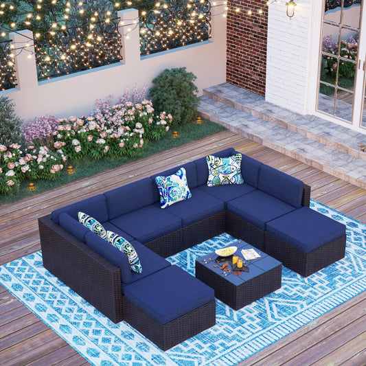 9-Piece Rattan Wicker Cushioned Patio Furniture Sectional Sofa Set - 9-Pieces Sets