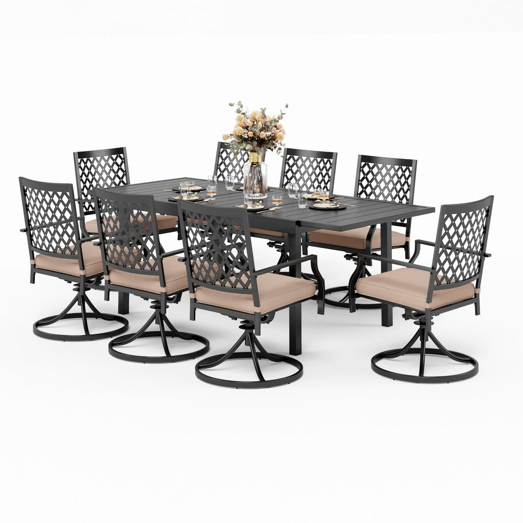 MAISON ARTS Seats up to 6/8 Outdoor Patio Dining Set, 6/8 Metal Mesh Swivel Chairs, 1 Rectangular Expandable Table