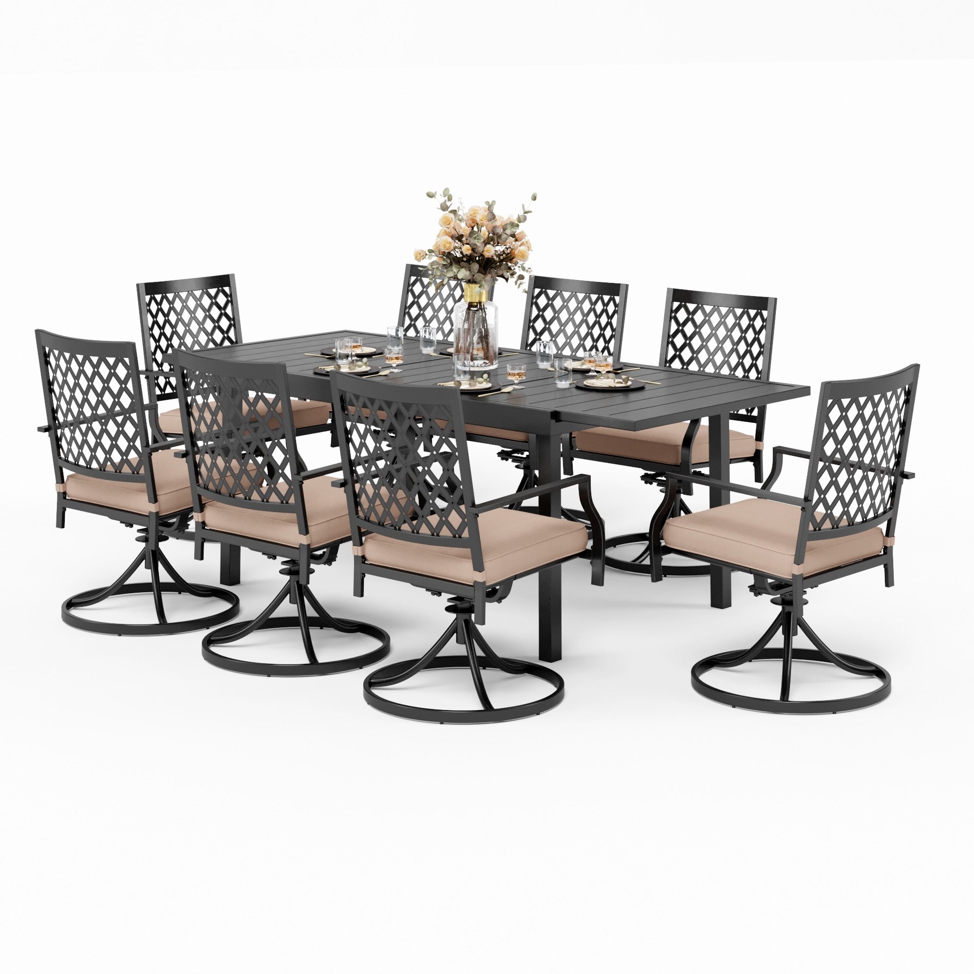 MAISON ARTS Seats up to 6/8 Outdoor Patio Dining Set, 6/8 Metal Mesh Swivel Chairs, 1 Rectangular Expandable Table