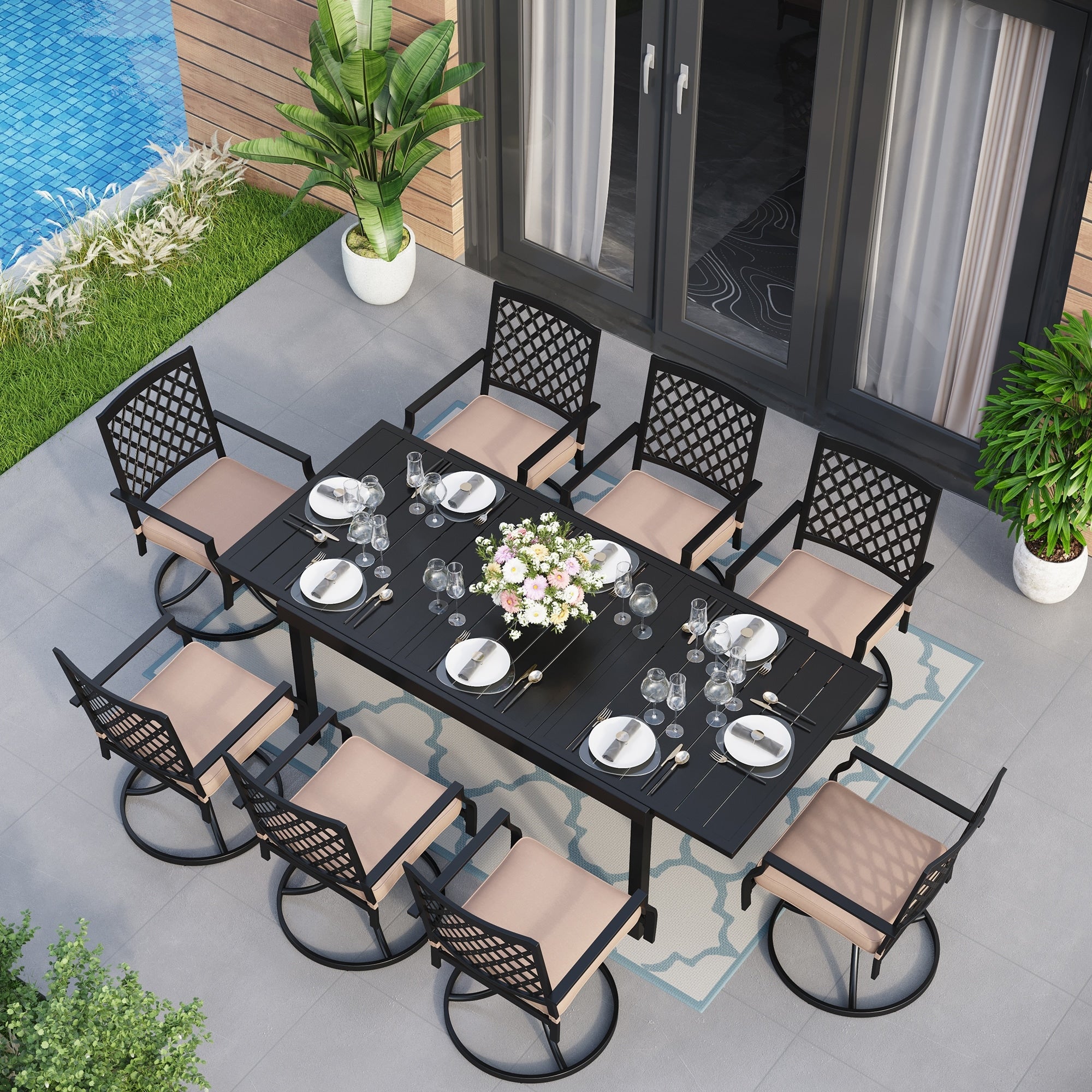 MAISON ARTS Seats up to 6/8 Outdoor Patio Dining Set, 6/8 Metal Mesh Swivel Chairs, 1 Rectangular Expandable Table