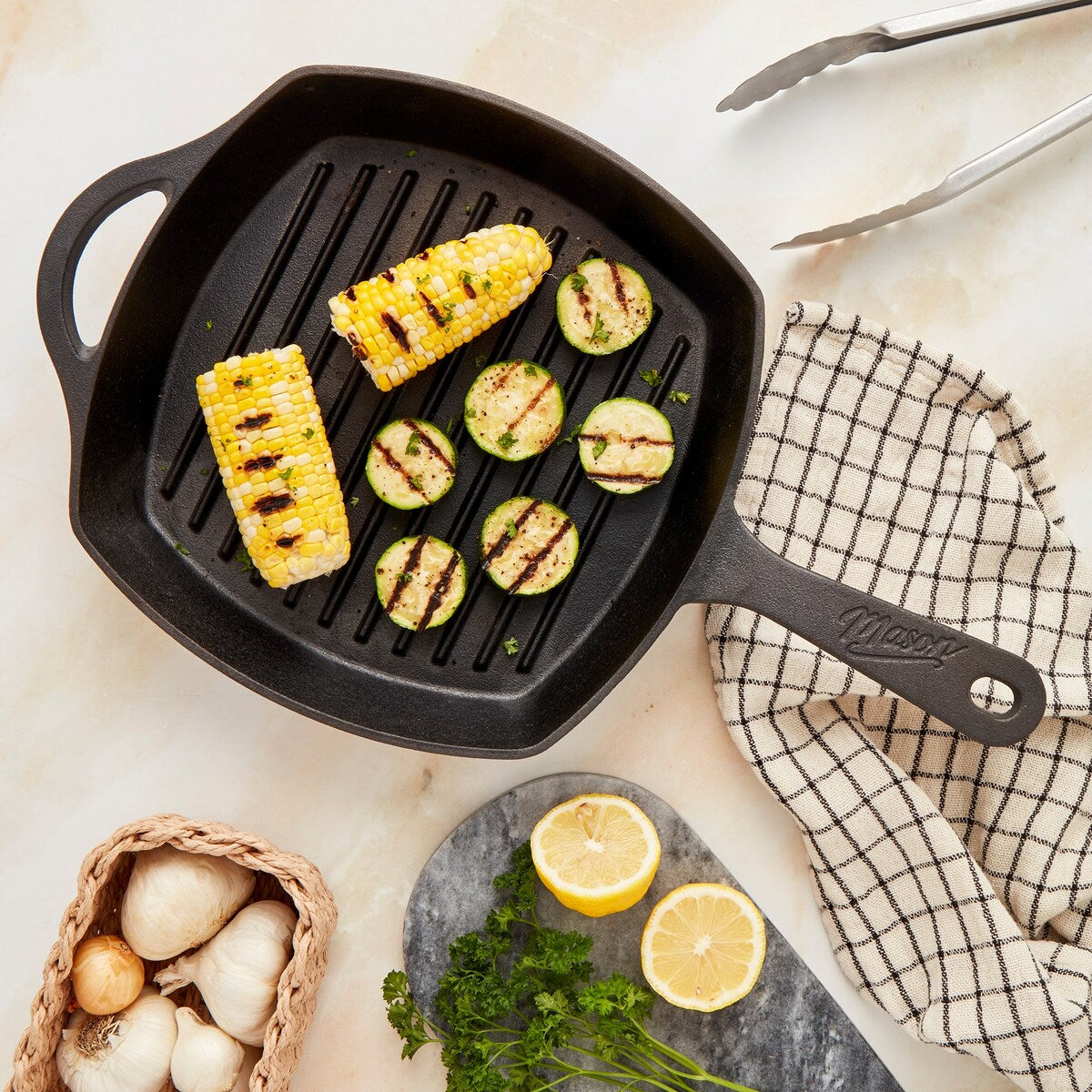 Mason Craft & More 10.25inch Pre-seasoned Cast Iron Square Grill Pan with Assist Handle