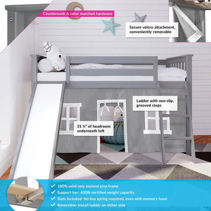 Max and Lily Twin Low Loft with Slide and Curtains