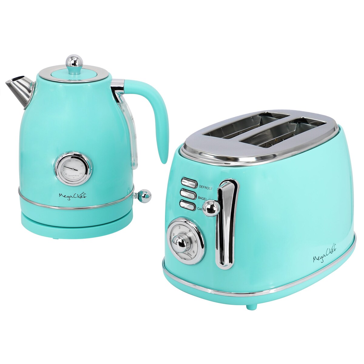 MegaChef 1.7 Quart Electric Tea Kettle and 2 Slice Toaster Combo in Turquoise