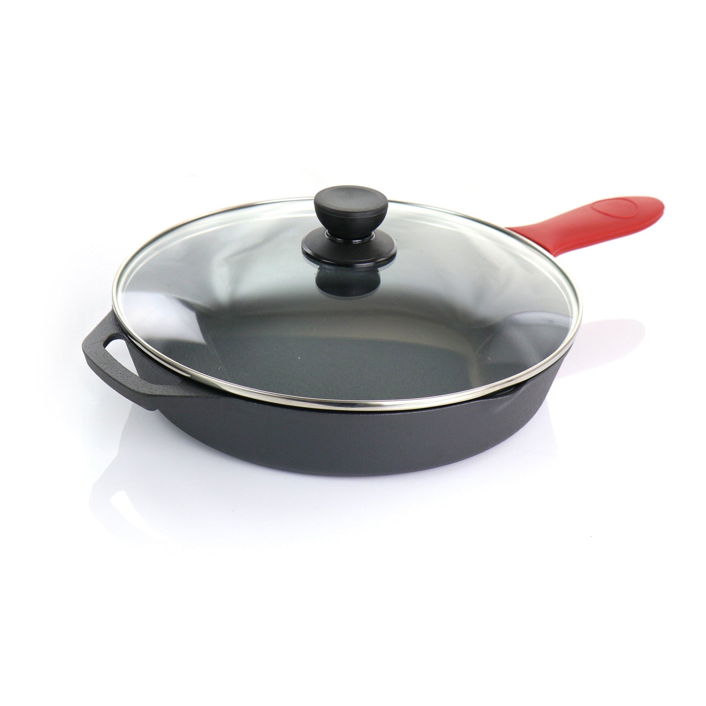 MegaChef Pre-Seasoned 7Pc CastIron Skillet Set w/Lids, Red Holder