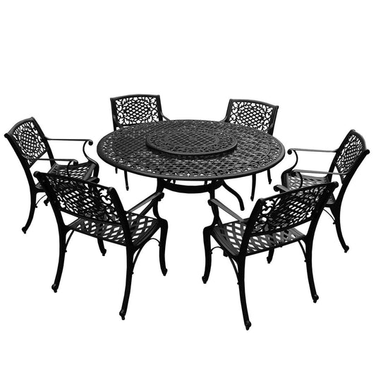 Mesh Lattice 59 in. Round Dining Set with Lazy Susan and Six Chairs - N/A