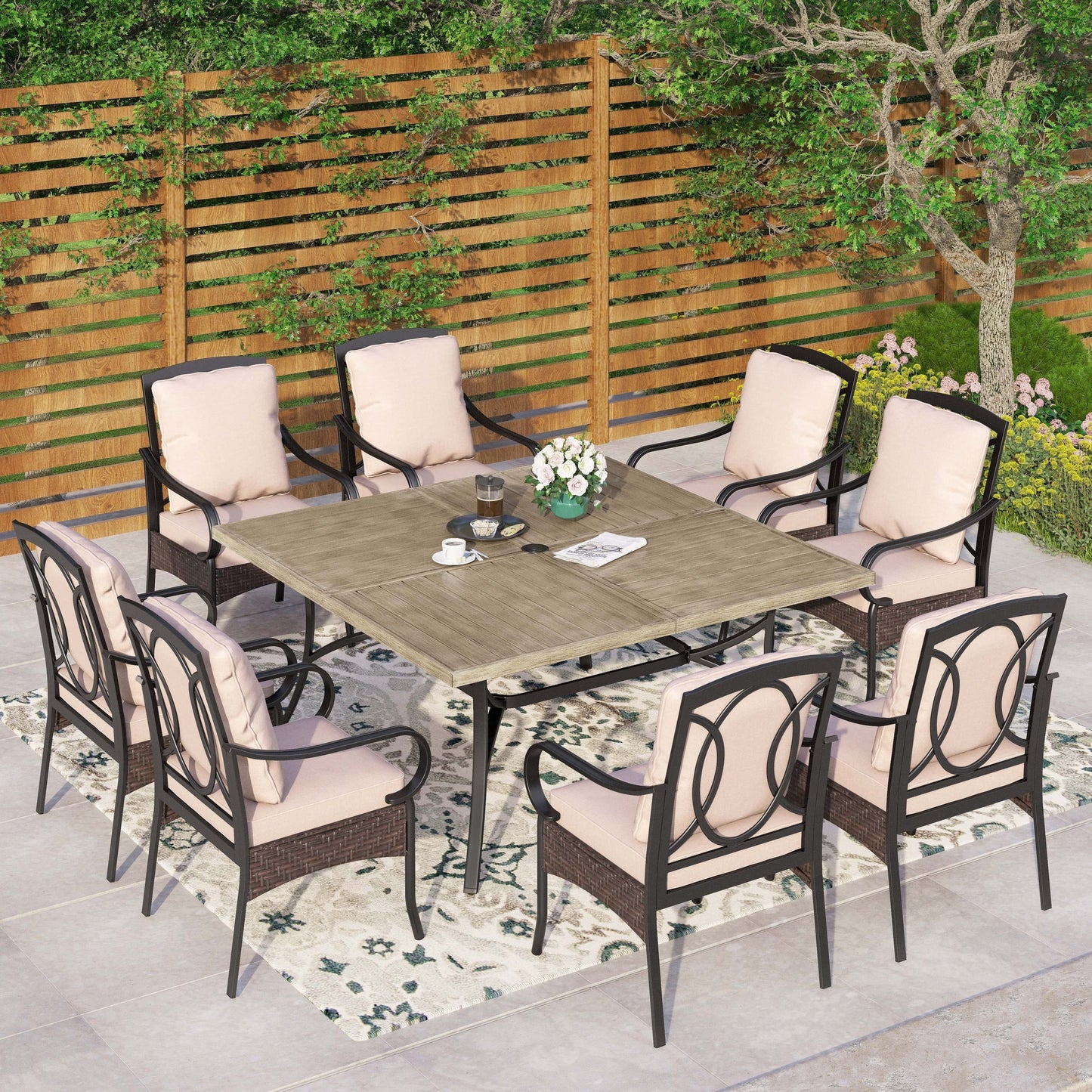 Metal Outdoor Dining Set for 8 with Square Table & Heavy-Duty Padded Fixed and Swivel Chairs, Patio Furniture Set (Beige)