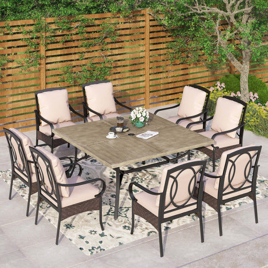 Metal Outdoor Dining Set for 8 with Square Table & Heavy-Duty Padded Fixed and Swivel Chairs, Patio Furniture Set (Beige)