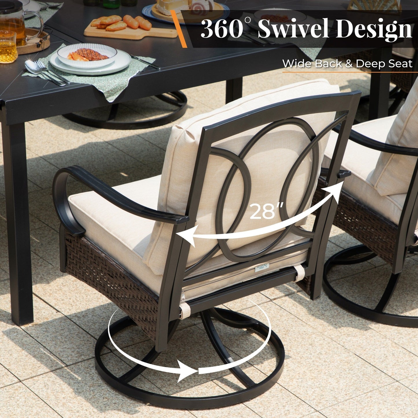 Metal Outdoor Dining Set for 8 with Square Table & Heavy-Duty Padded Fixed and Swivel Chairs, Patio Furniture Set (Beige)