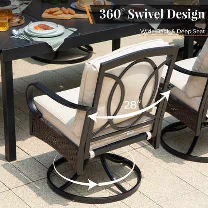 Metal Outdoor Dining Set for 8 with Square Table & Heavy-Duty Padded Fixed and Swivel Chairs, Patio Furniture Set (Beige)