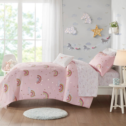 Intelligent Design Kids Mia Rainbow and Metallic Stars Comforter Set with Bed Sheets