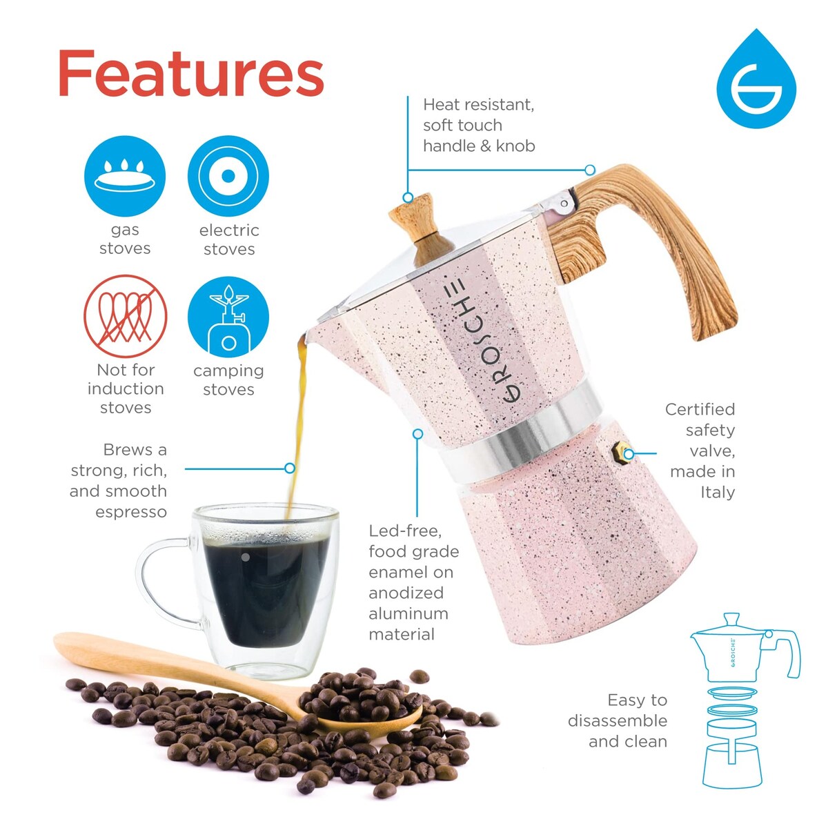 Milano Moka pot, Stovetop Espresso maker, Greca Coffee Maker, Stovetop coffee maker and espresso maker percolator (Grey, 9 cup)