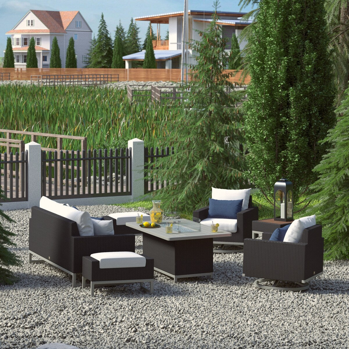 Milo Espresso 7 Piece Sunbrella Outdoor Patio Motion Fire Set