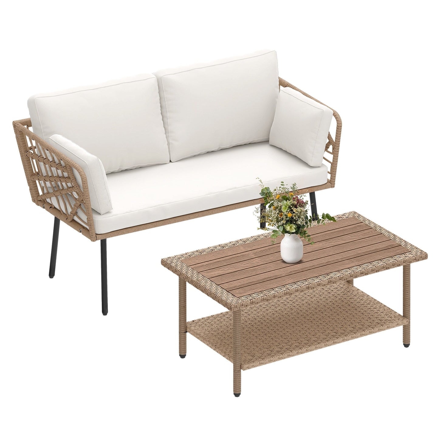 Moasis 2 Pieces Patio Furniture Set,Rattan Wicker Loveseat with Coffee Table