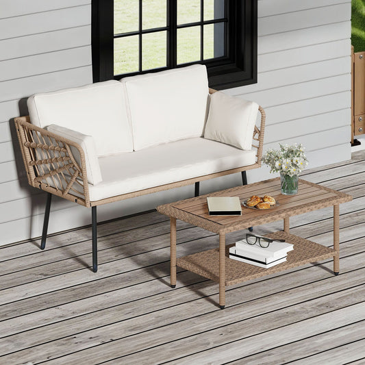 Moasis 2 Pieces Patio Furniture Set,Rattan Wicker Loveseat with Coffee Table