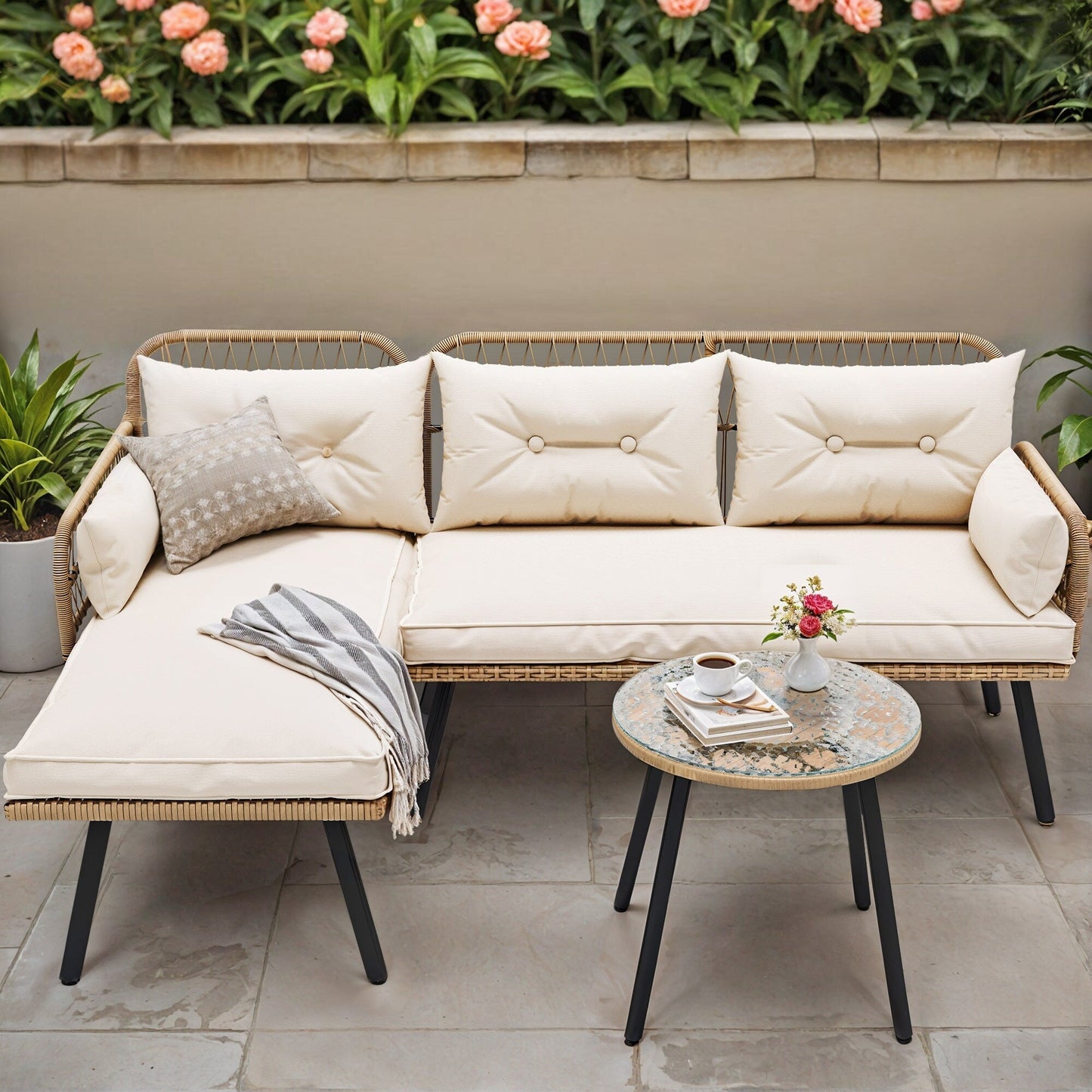 Moasis 3-piece Wicker Patio Furniture Set Rattan Sectional L-Shaped Sofa Detachable with Cushions - 70.5L x 48.4W x 32.7H