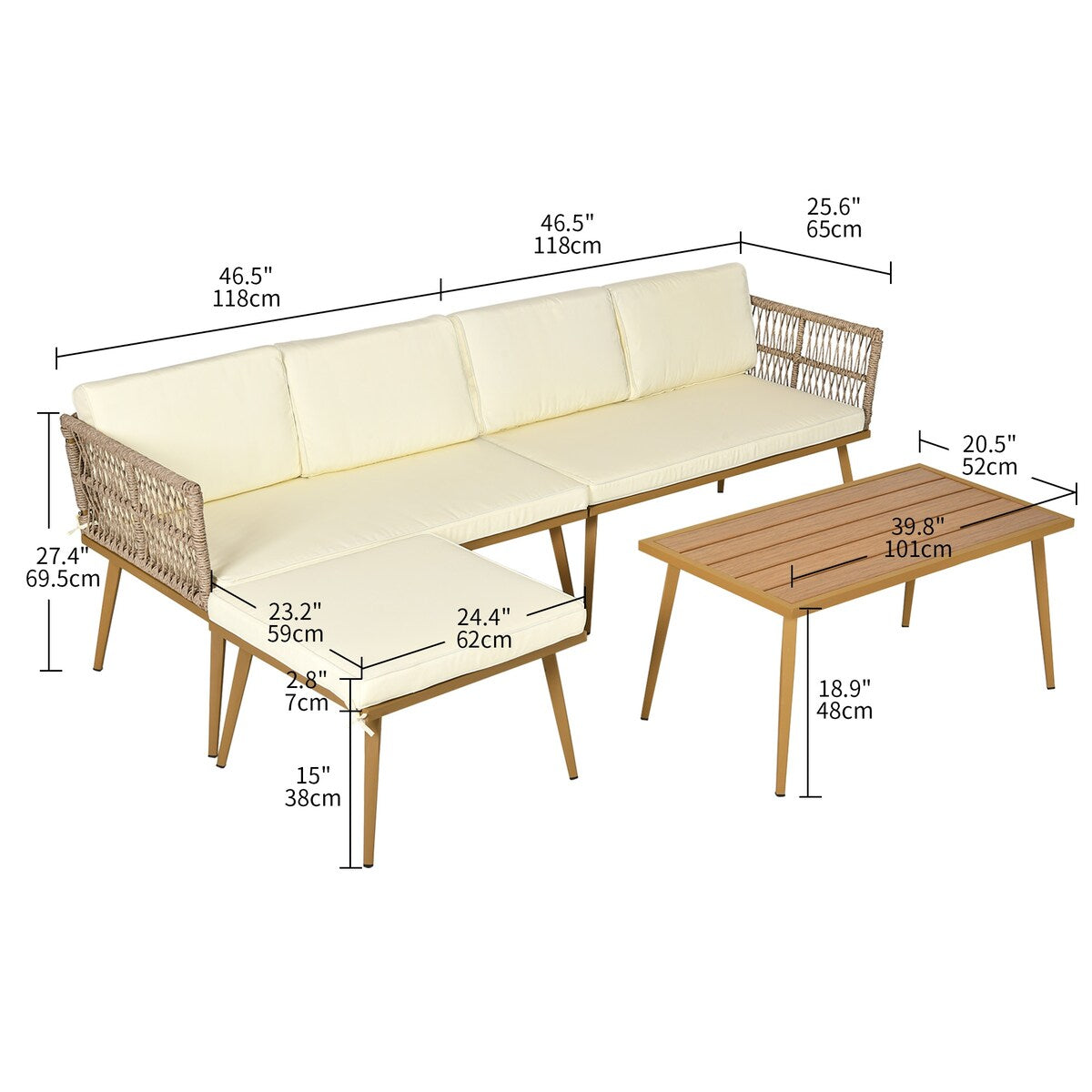Moasis 4 Pieces Patio Conversation Set Sectional L-Shaped Sofa with Cushions and Side Table