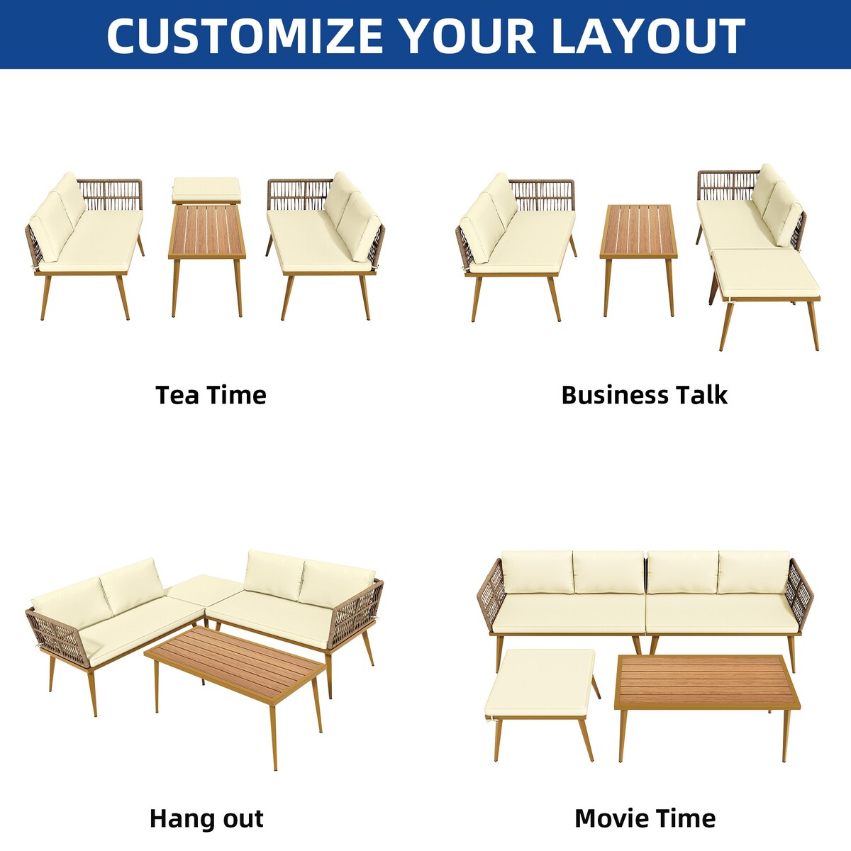 Moasis 4 Pieces Patio Conversation Set Sectional L-Shaped Sofa with Cushions and Side Table