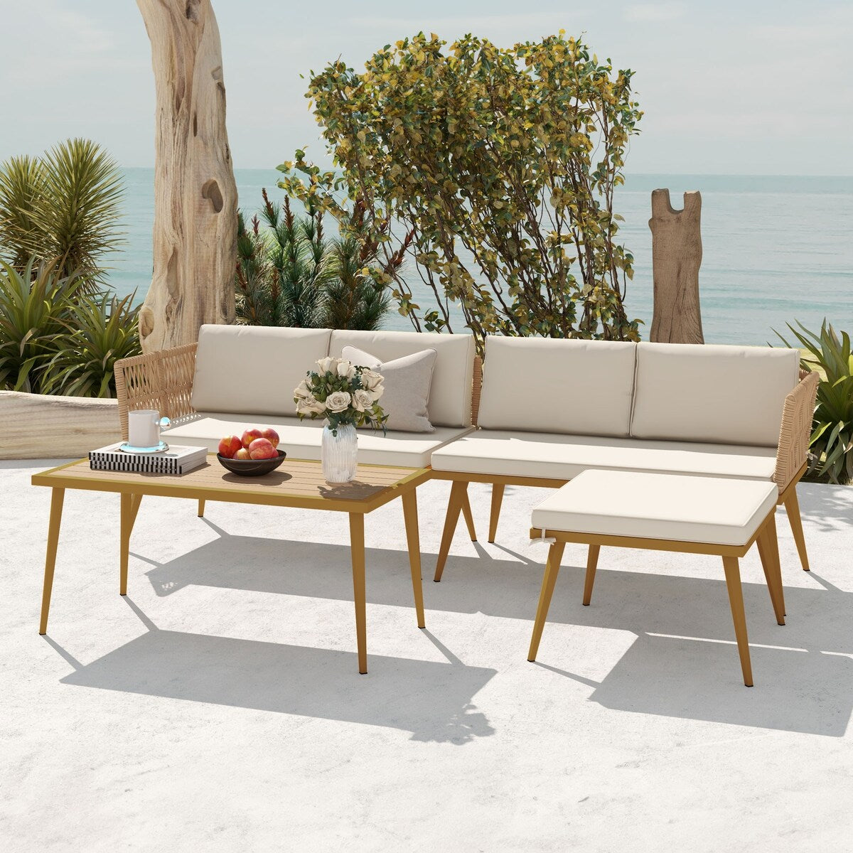 Moasis 4 Pieces Patio Conversation Set Sectional L-Shaped Sofa with Cushions and Side Table