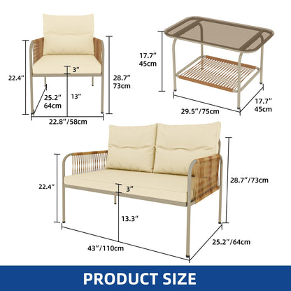 Moasis 4 Pieces Rattan Patio Furniture Wicker Conversation Set with Beige Cushion & Coffee Table