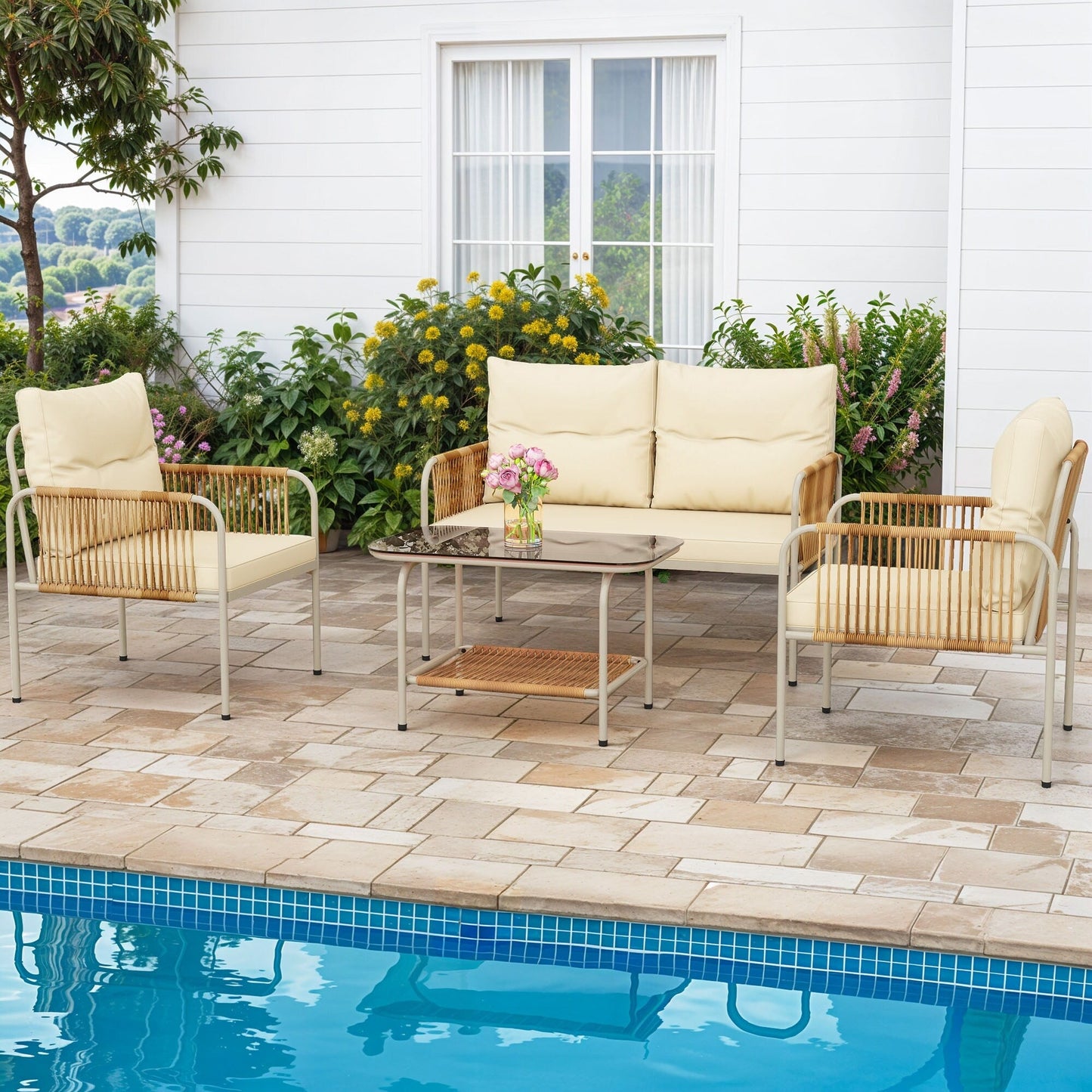 Moasis 4 Pieces Rattan Patio Furniture Wicker Conversation Set with Beige Cushion & Coffee Table