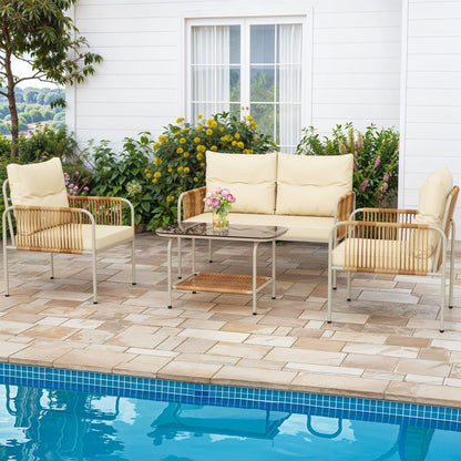 Moasis 4 Pieces Rattan Patio Furniture Wicker Conversation Set with Beige Cushion & Coffee Table